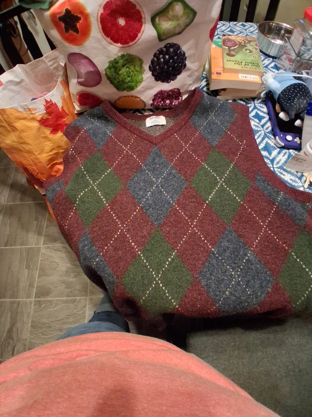 Old Navy Argyle V-Neck Sweater Vest in Burgundy, Green & Blue